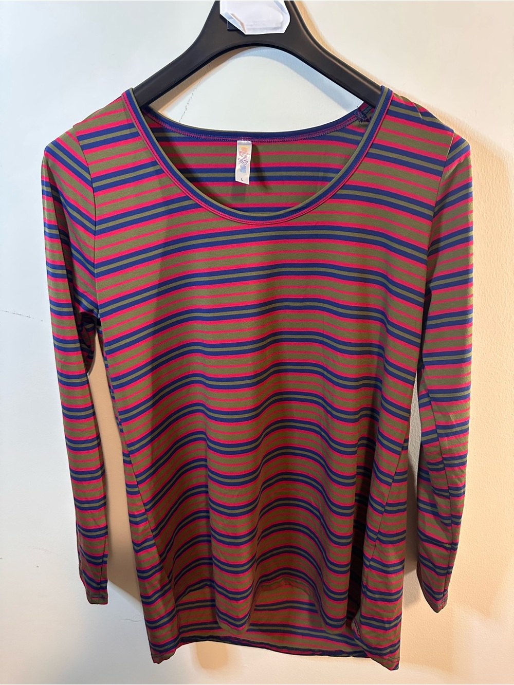 LuLaRoe Olive, Pink & Navy Striped Long-Sleeve Tee L